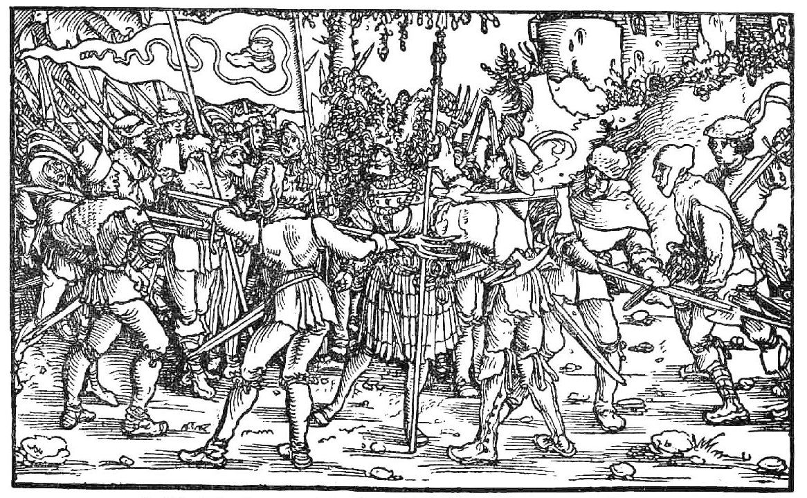 Bauern mit Bundschuhfahne knöpfen sich einen Adeligen vor, Holzschnitt aus dem „Trostspiegel“, 1539